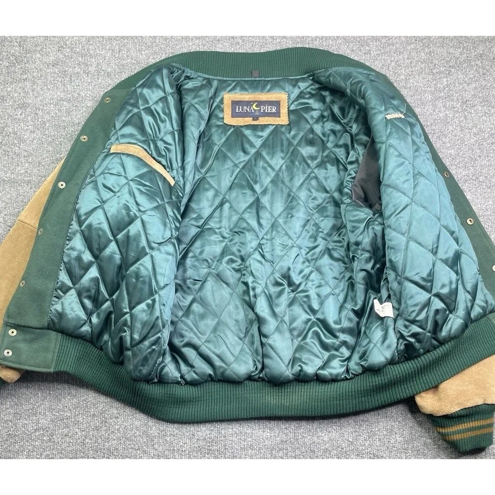 Luna Pier Varsity Jacket Mens L Green Wool Leather‎ Sleeve Wild Bunch Letterman